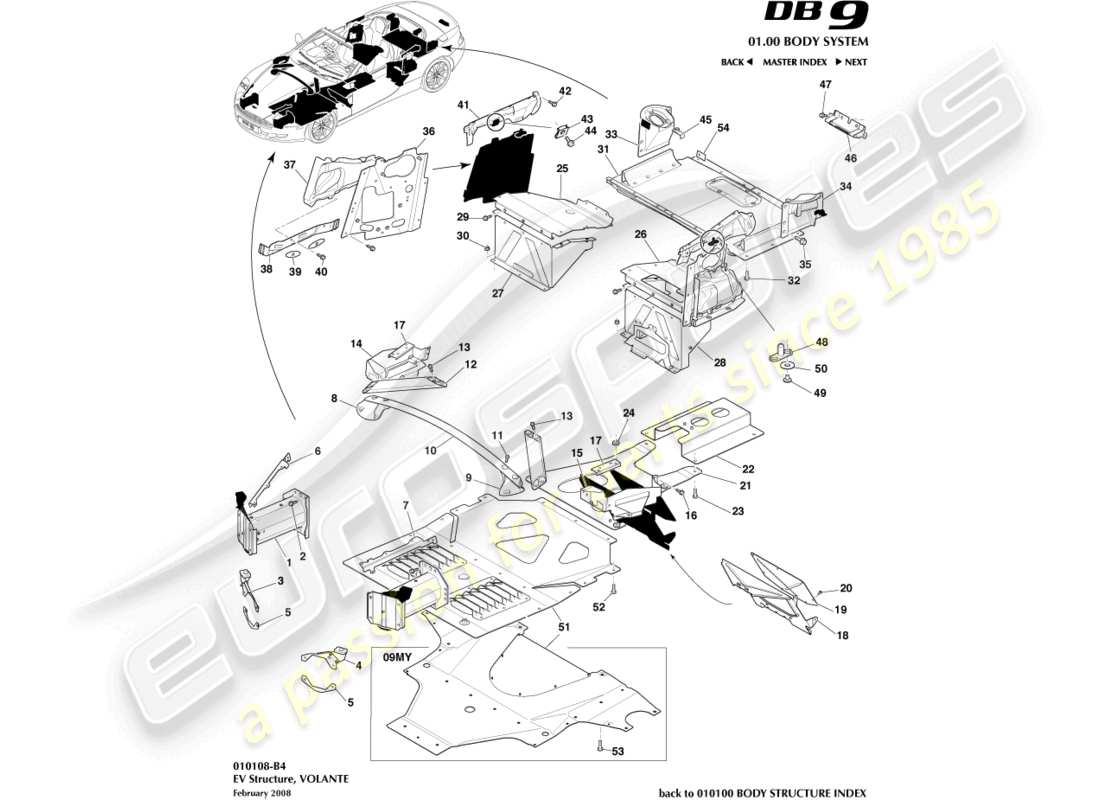 aston martin db9 (2010) ev structure, volante part diagram