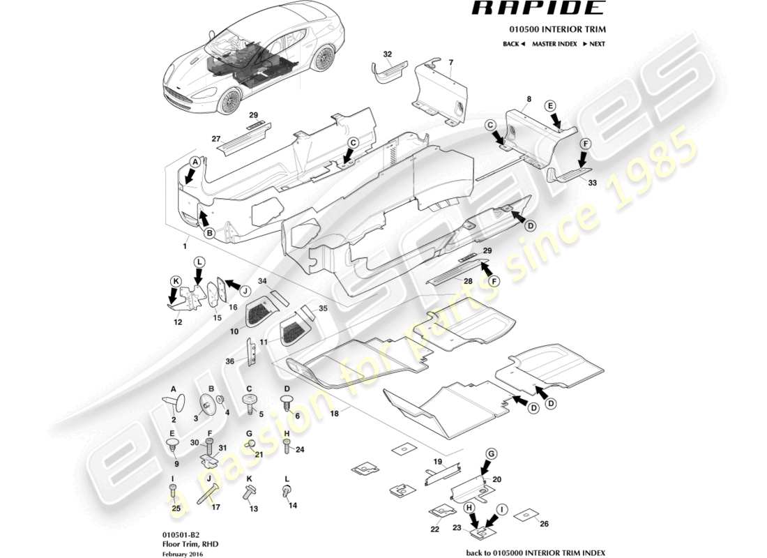 aston martin rapide (2011) main floor trim, rhd part diagram