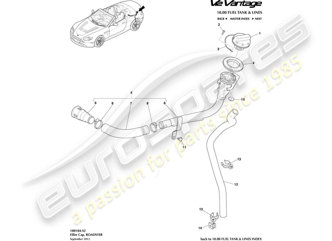 aston martin v12 vantage (2012) fuel filler, roadster part diagram