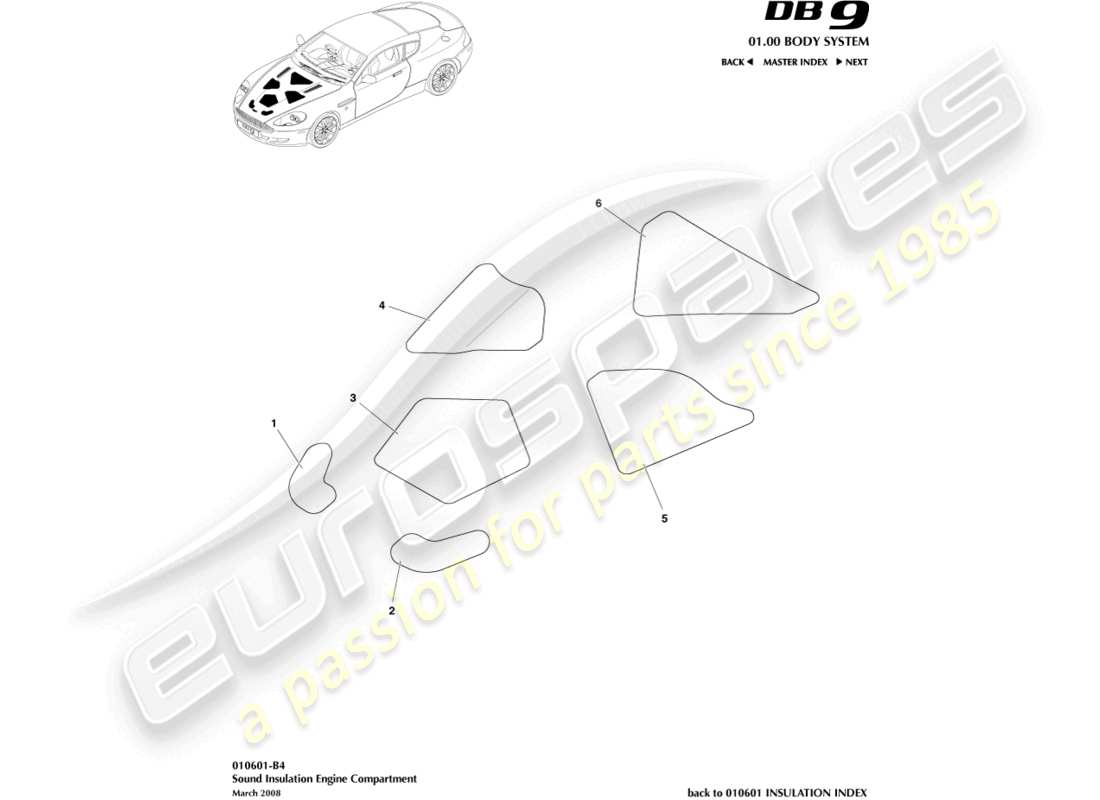 aston martin db9 (2008) sound insulation, engine comp part diagram