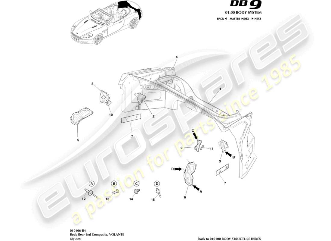 aston martin db9 (2008) body rear end composite, volante part diagram