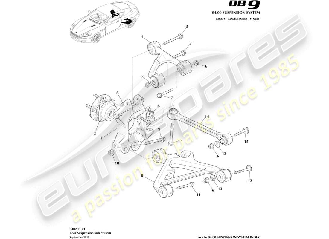aston martin db9 (2009) rear suspension assembly part diagram