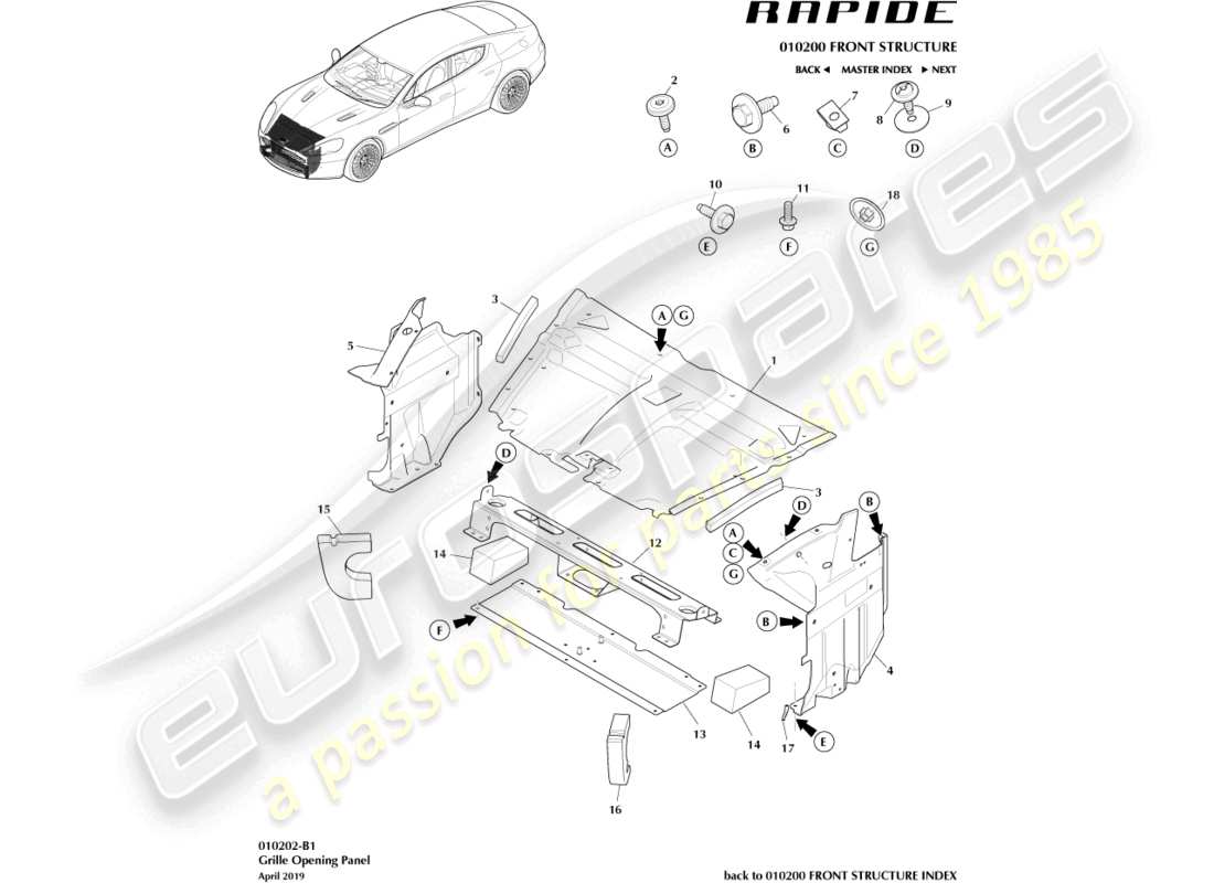 aston martin rapide (2014) grille opening panel part diagram