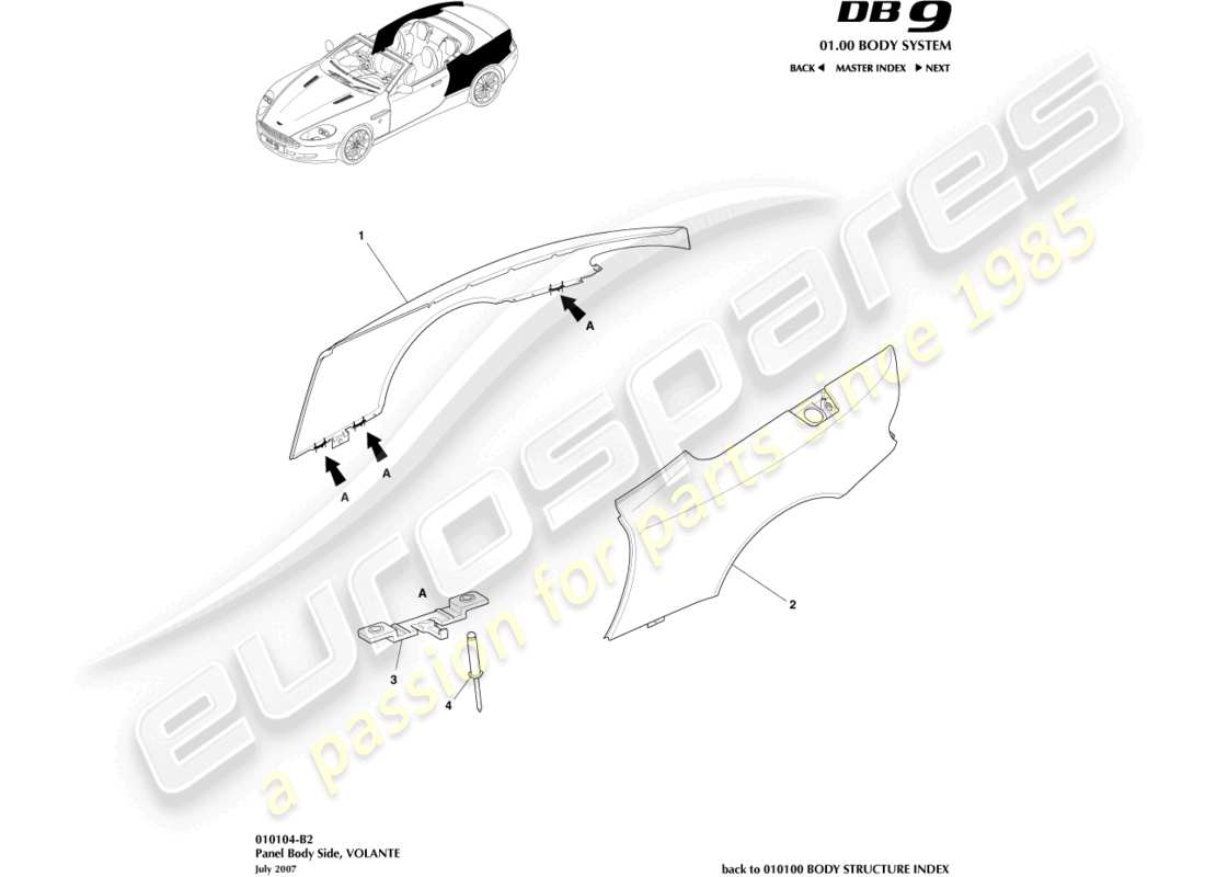 aston martin db9 (2010) panel body side, volante part diagram