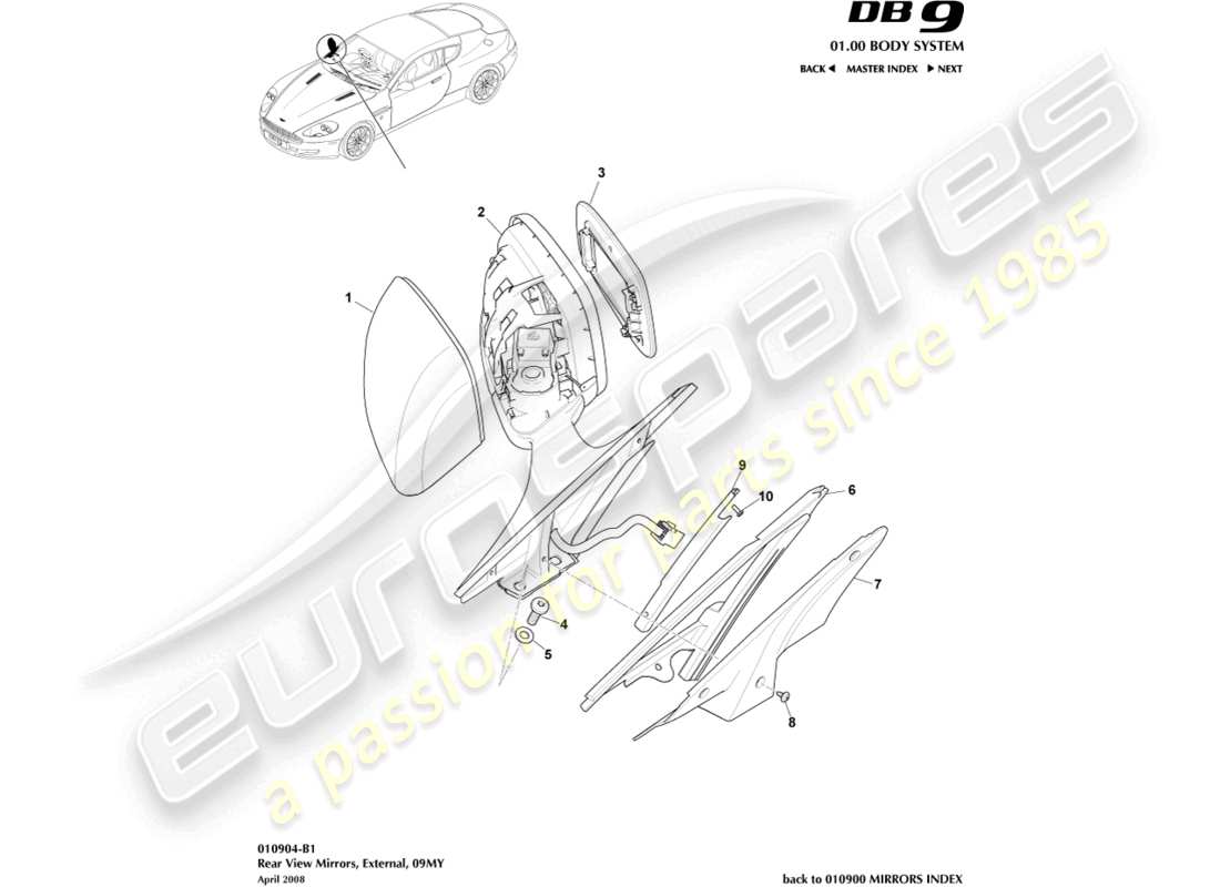 aston martin db9 (2004) exterior rear view mirrors 09my part diagram