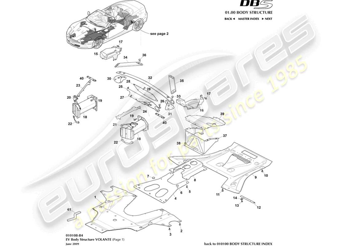 aston martin dbs (2009) ev structure, volante, page 1 part diagram