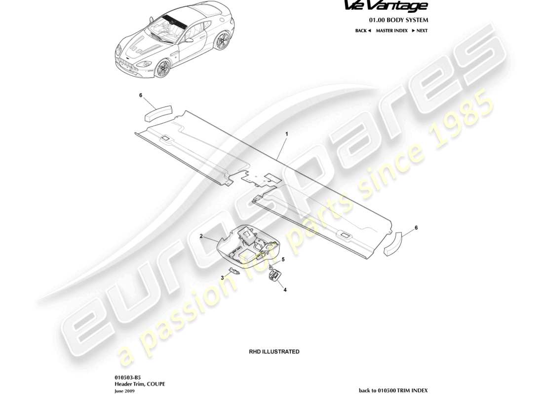 aston martin v12 vantage (2011) header trim, coupe part diagram