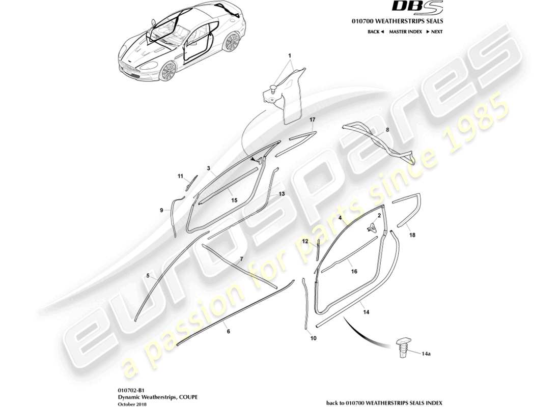 aston martin dbs (2008) dynamic weatherstrips, coupe part diagram