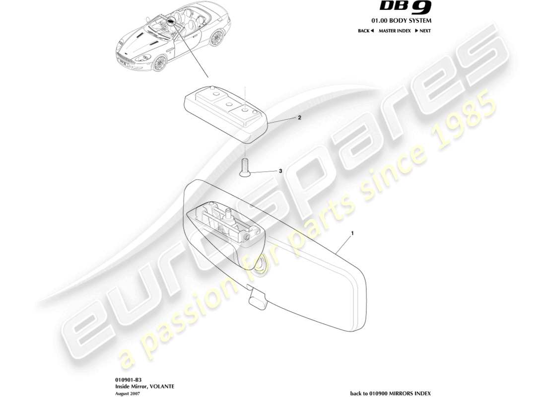 aston martin db9 (2011) interior mirror, volante parts diagram