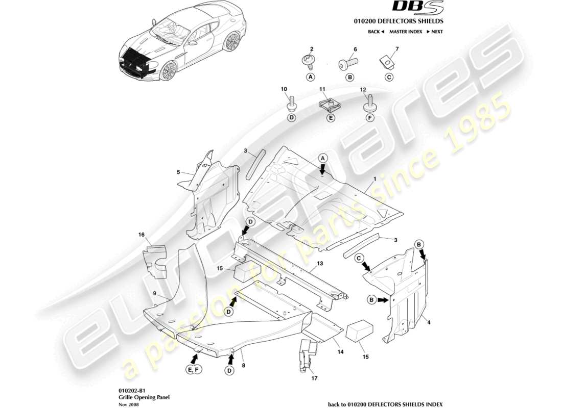 aston martin dbs (2008) grille opening panel part diagram