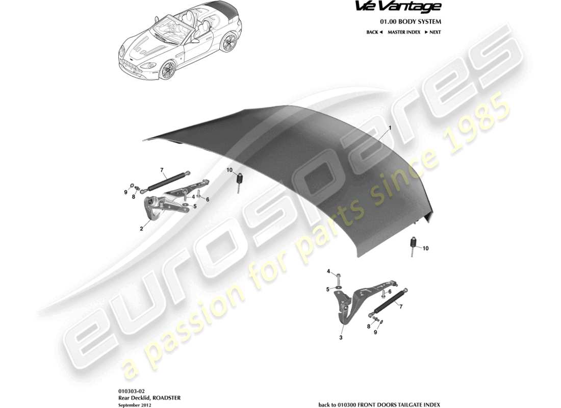aston martin v12 vantage (2011) deck lid, roadster part diagram