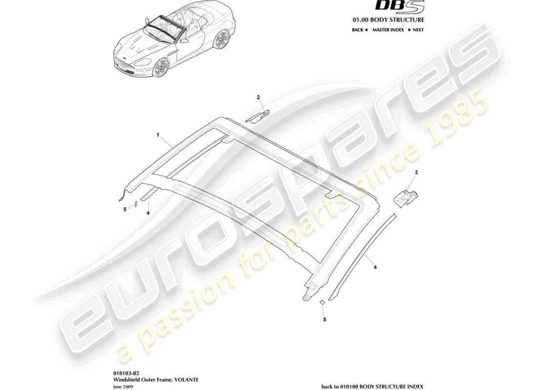 aston martin dbs (2008) windscreen, outer, volante part diagram