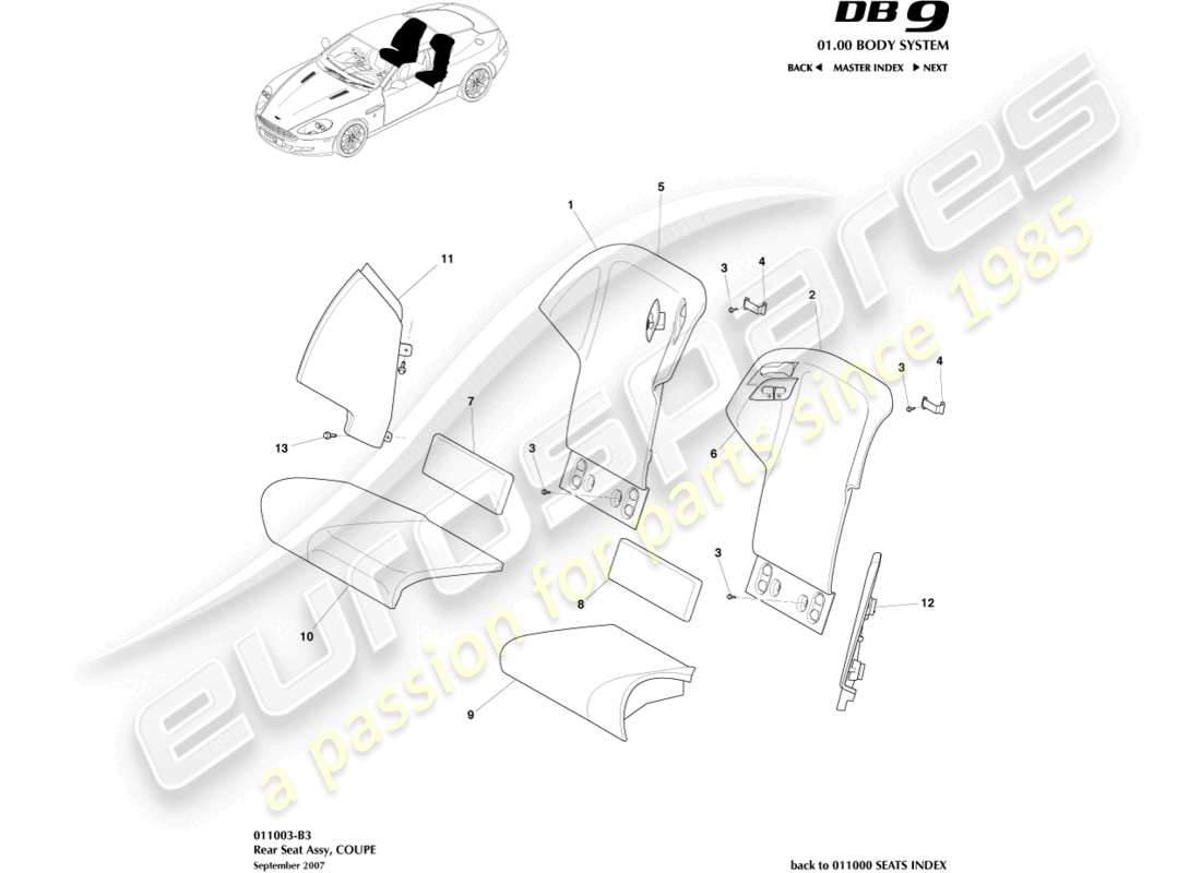 aston martin db9 (2011) rear seat, coupe parts diagram
