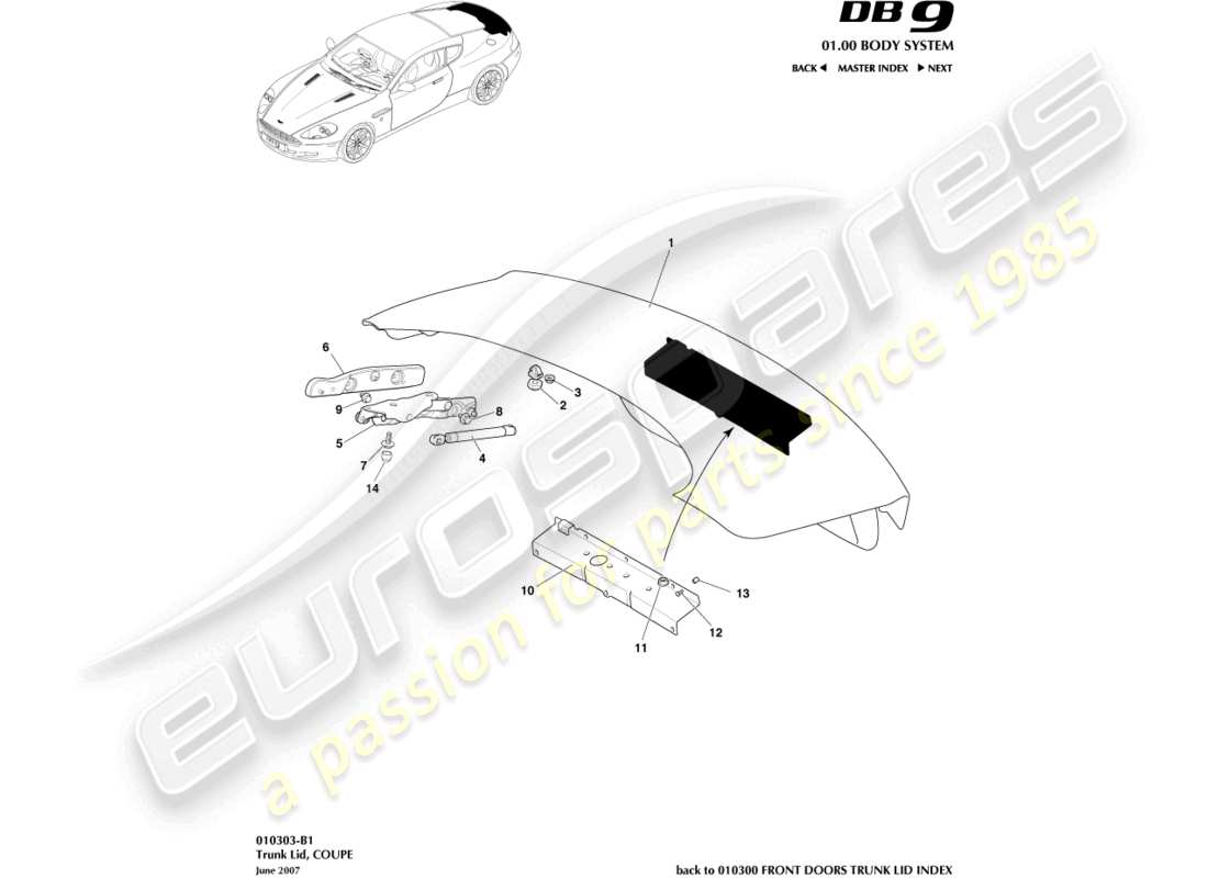 aston martin db9 (2011) trunk lid, coupe parts diagram