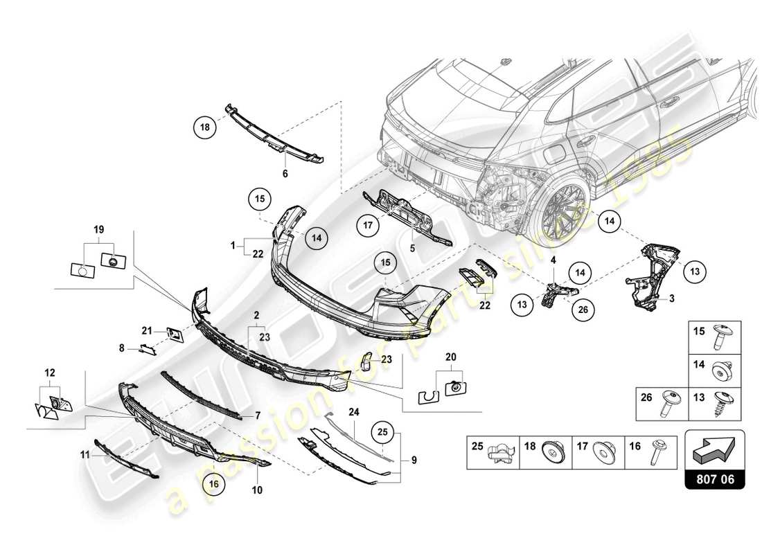 lamborghini urus s (2023) bumper, complete rear part diagram