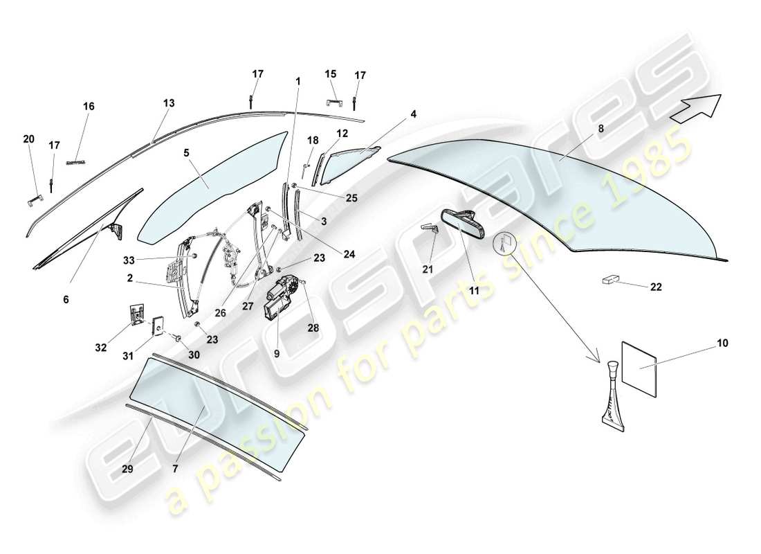 lamborghini superleggera (2008) window glasses part diagram