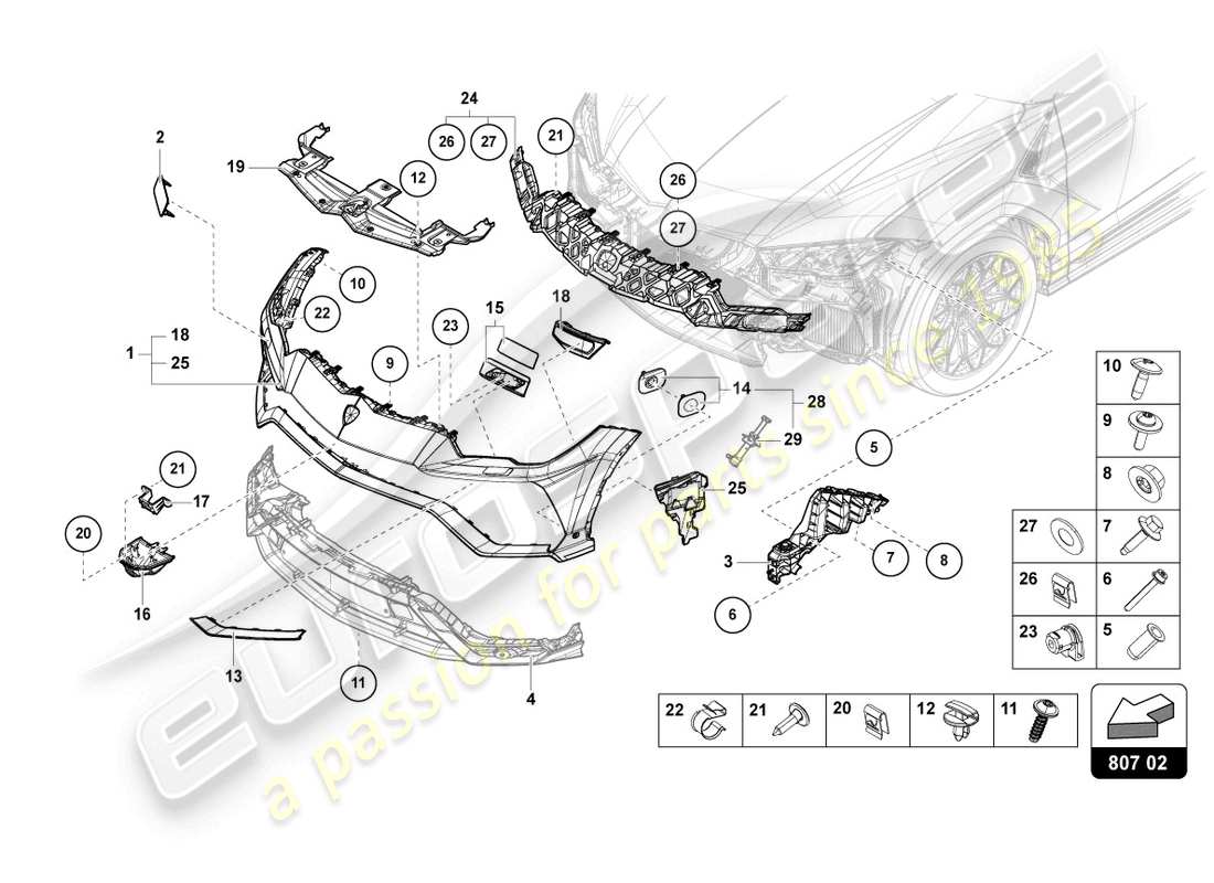 lamborghini urus (2019) bumper, complete front parts diagram