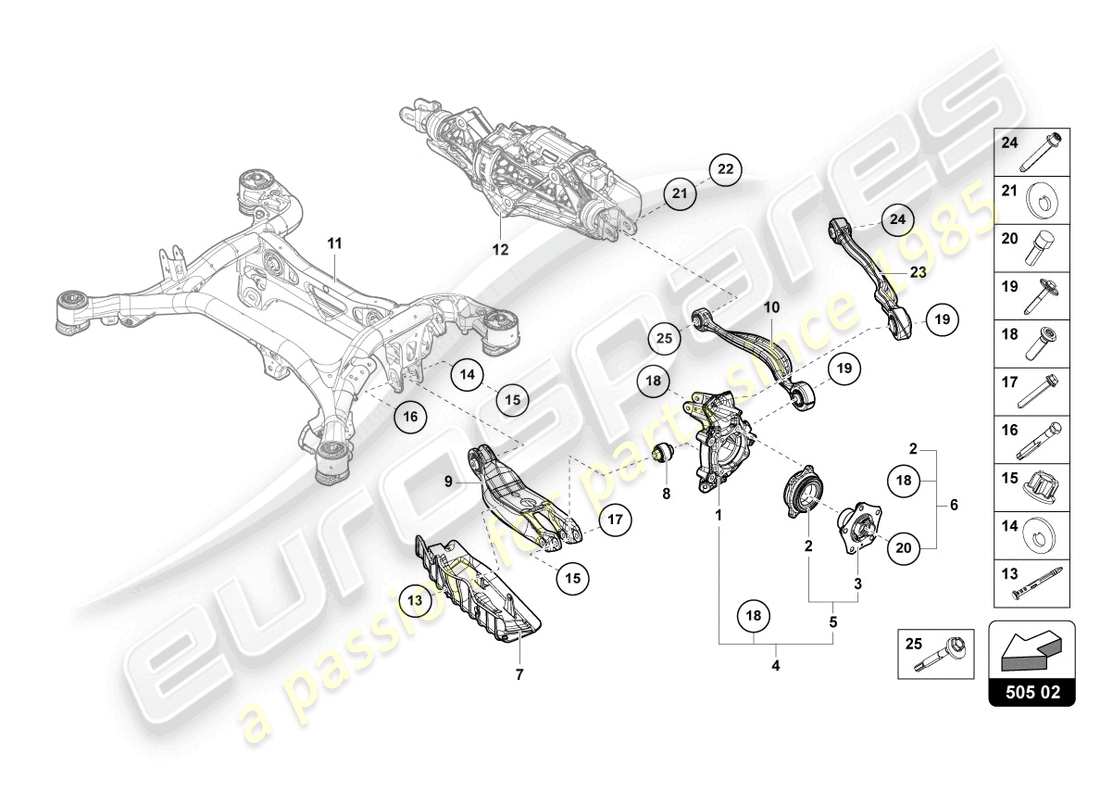 lamborghini urus s (2023) wheel hub with bearing and control arm part diagram