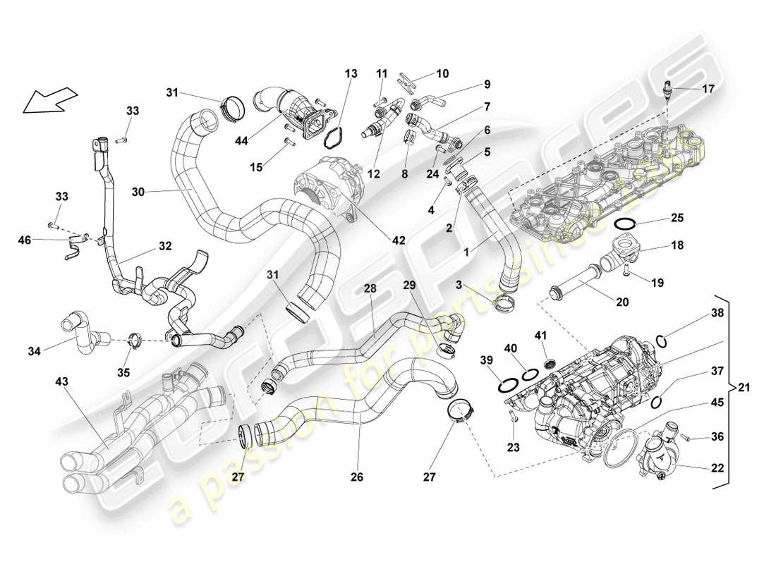 lamborghini lp550-2 spyder (2010) coolant regulator housing with thermostat part diagram