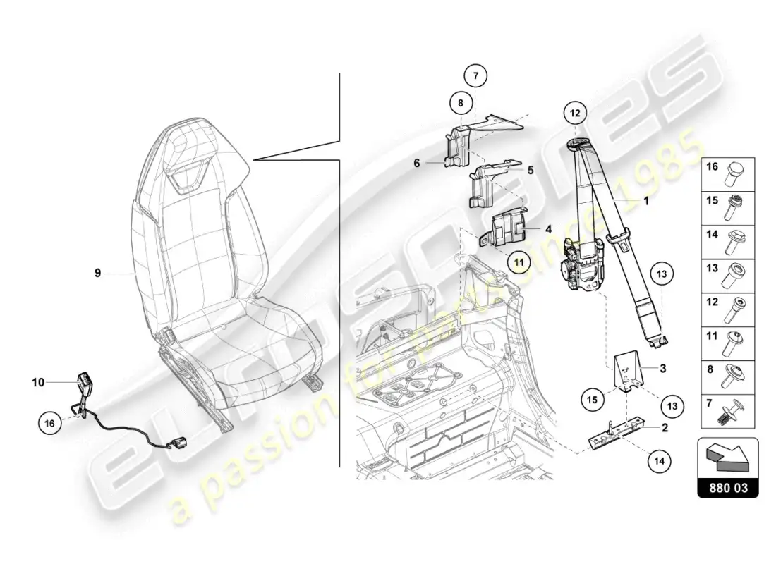 lamborghini evo spyder 2wd (2020) seat belts parts diagram