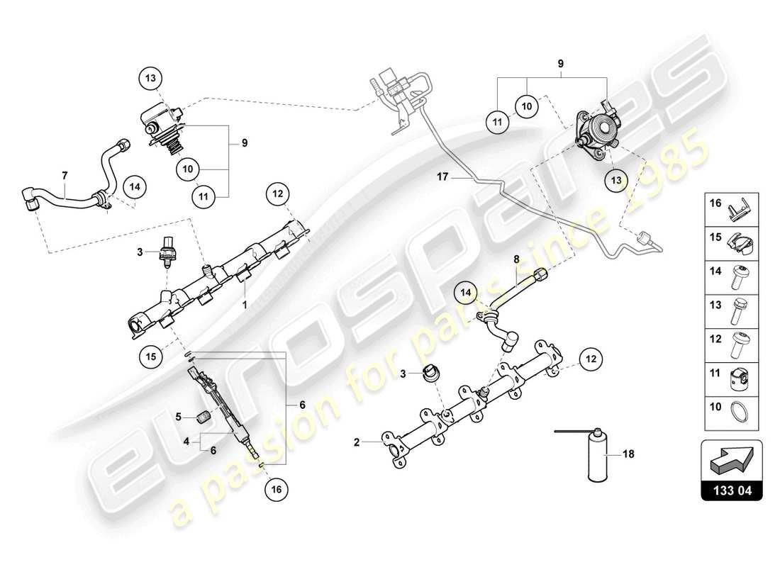 lamborghini urus (2022) fuel injector with injector rails parts diagram