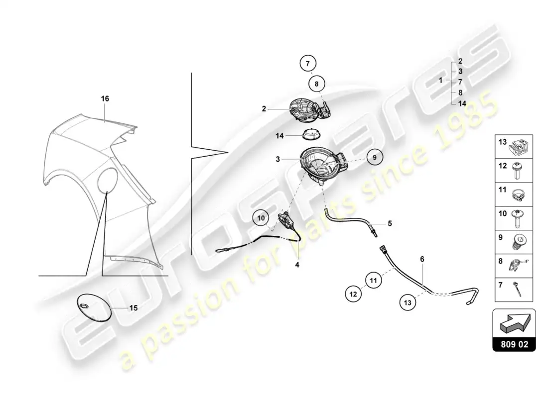 lamborghini performante spyder (2020) fuel filler flap parts diagram