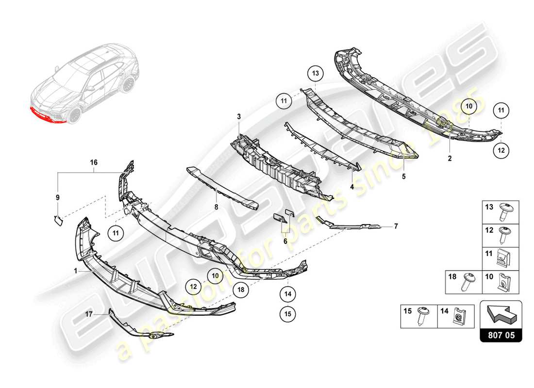 lamborghini urus (2019) bumper, complete carbon part diagram