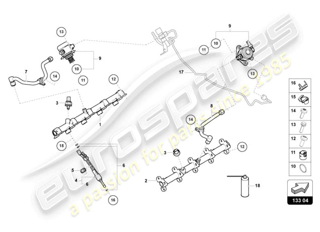 lamborghini urus (2020) fuel injector with injector rails parts diagram