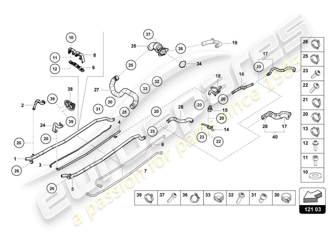 lamborghini evo spyder (2022) coolant hoses and pipes center part diagram