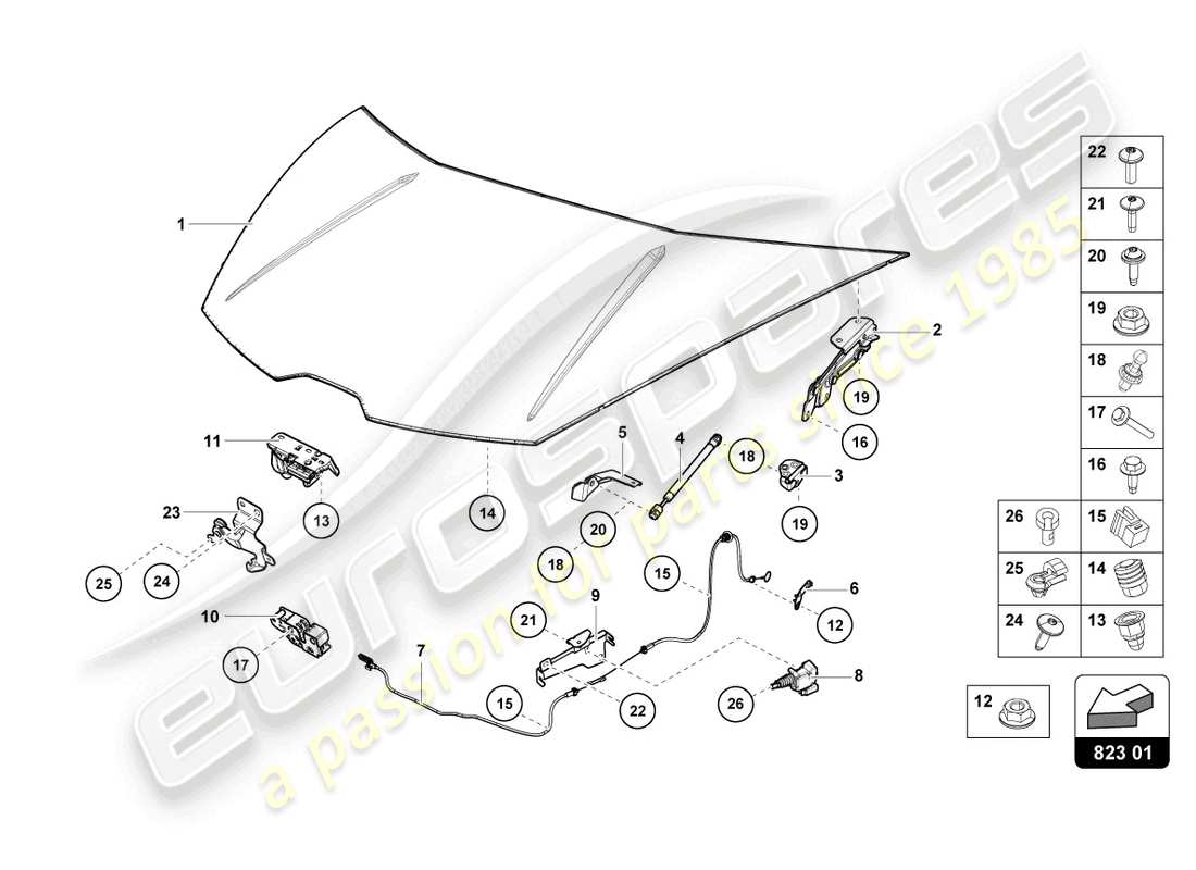 lamborghini evo coupe (2023) bonnet part diagram