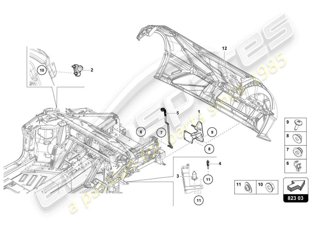 lamborghini sto (2021) bonnet hinge front parts diagram