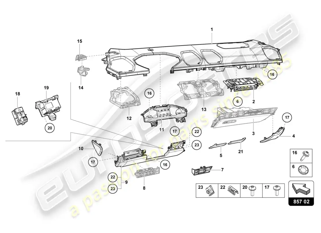 lamborghini lp580-2 coupe (2018) instrument panel trim parts diagram