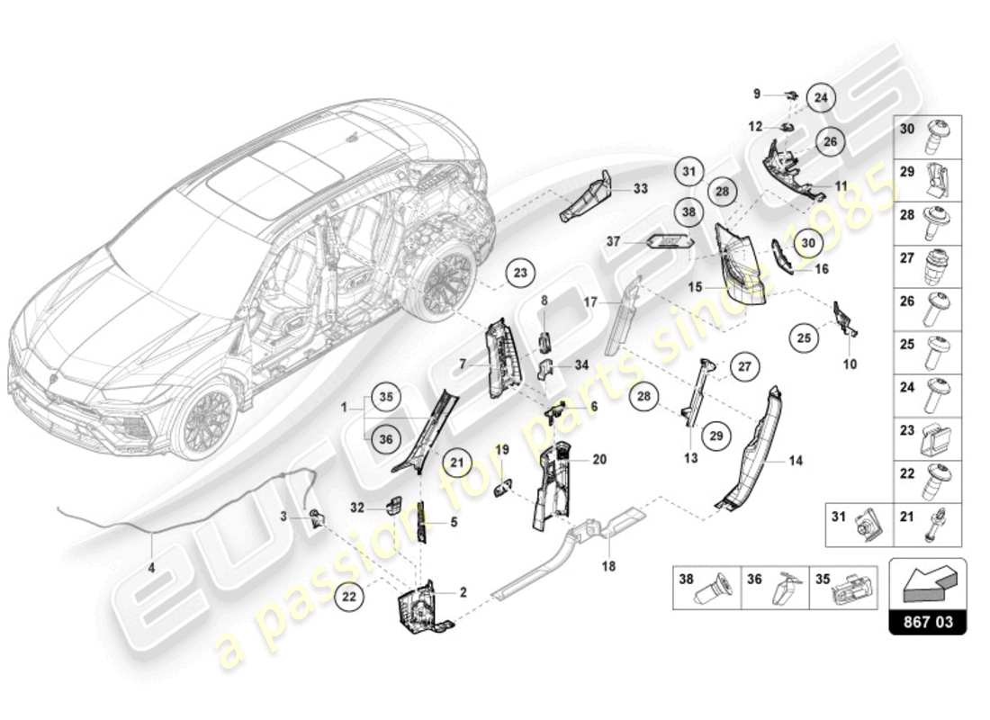 lamborghini urus (2019) pillar trim part diagram