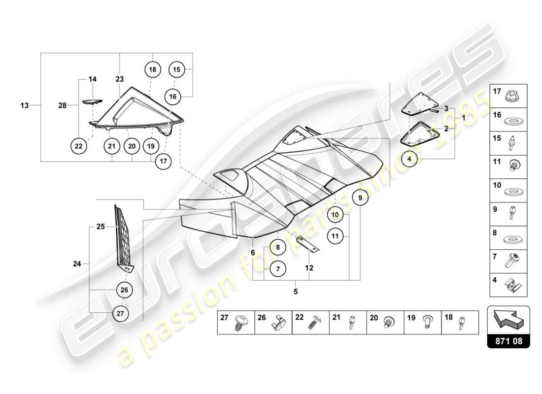 lamborghini evo spyder (2024) conv. top, hinge cover part diagram