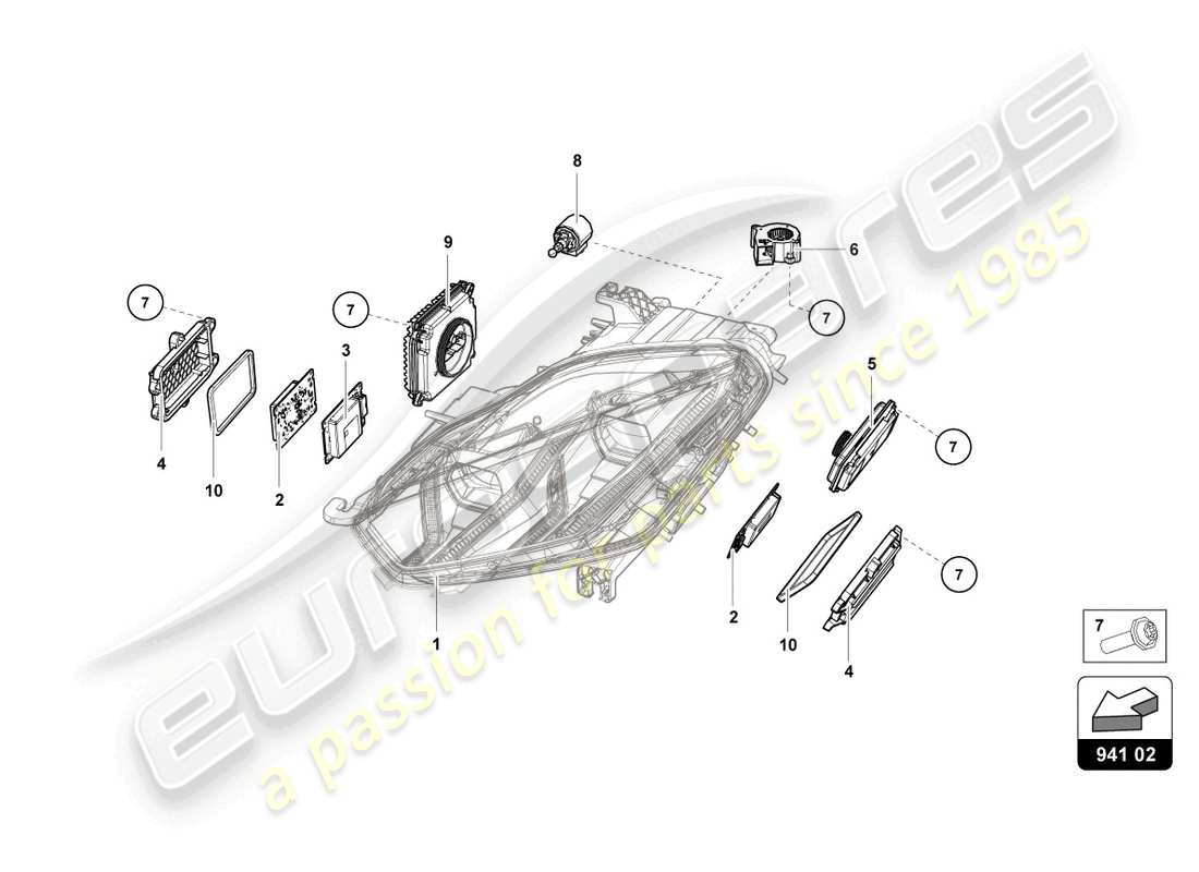 lamborghini evo coupe (2023) lighting system front part diagram