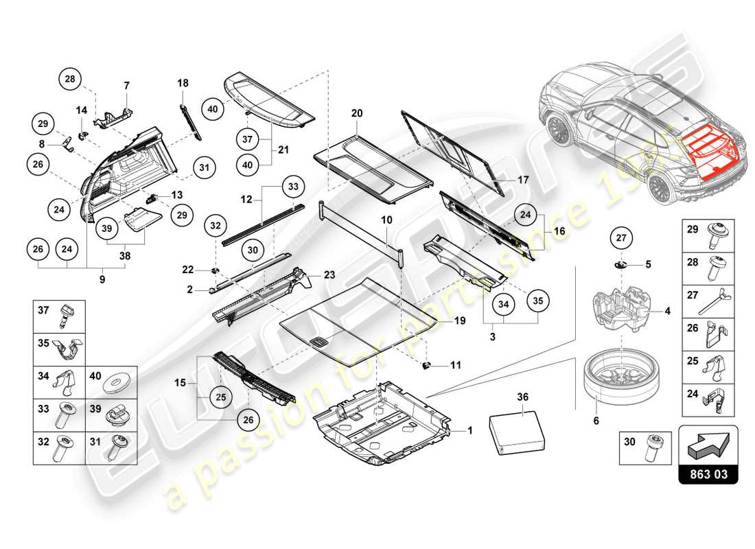 lamborghini urus (2019) luggage compartment lining parts diagram