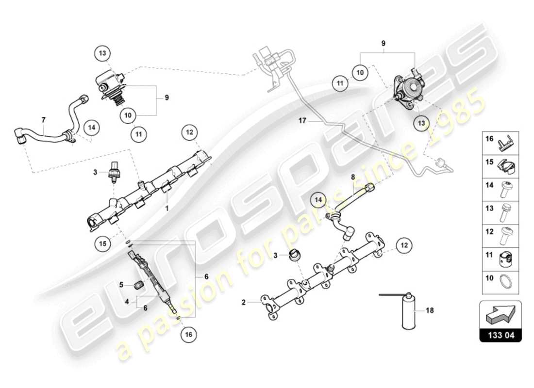 lamborghini urus (2021) fuel injector with injector rails parts diagram