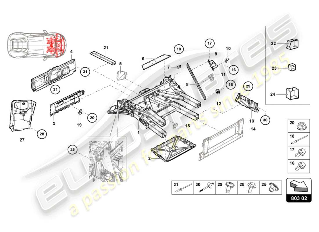 lamborghini evo spyder (2023) front frame parts diagram