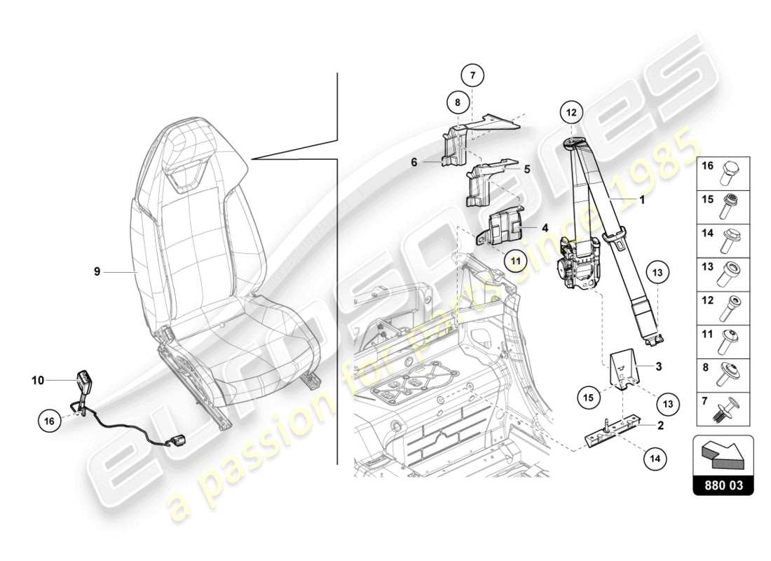lamborghini 2021 (evo spyder) seat belts part diagram