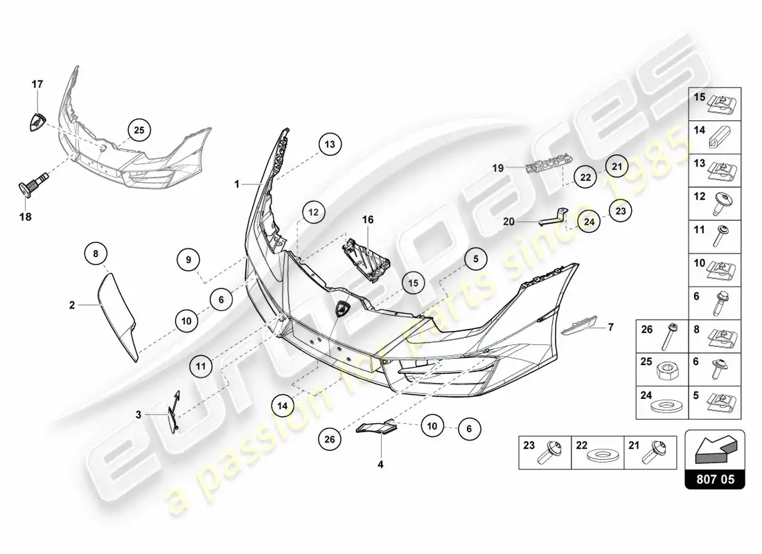 lamborghini lp580-2 coupe (2018) bumper, complete front parts diagram