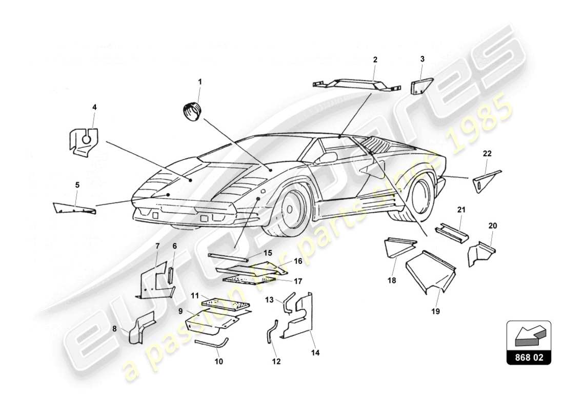 lamborghini countach 25th anniversary (1989) supports and guards part diagram