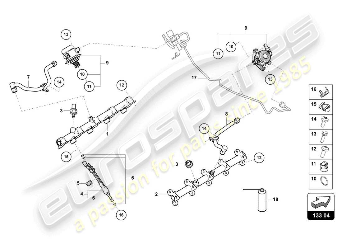 lamborghini urus performante (2023) fuel injector with injector rails part diagram