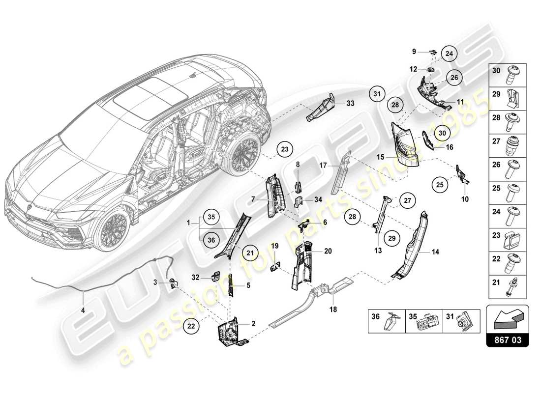 lamborghini urus performante (2023) pillar trim part diagram