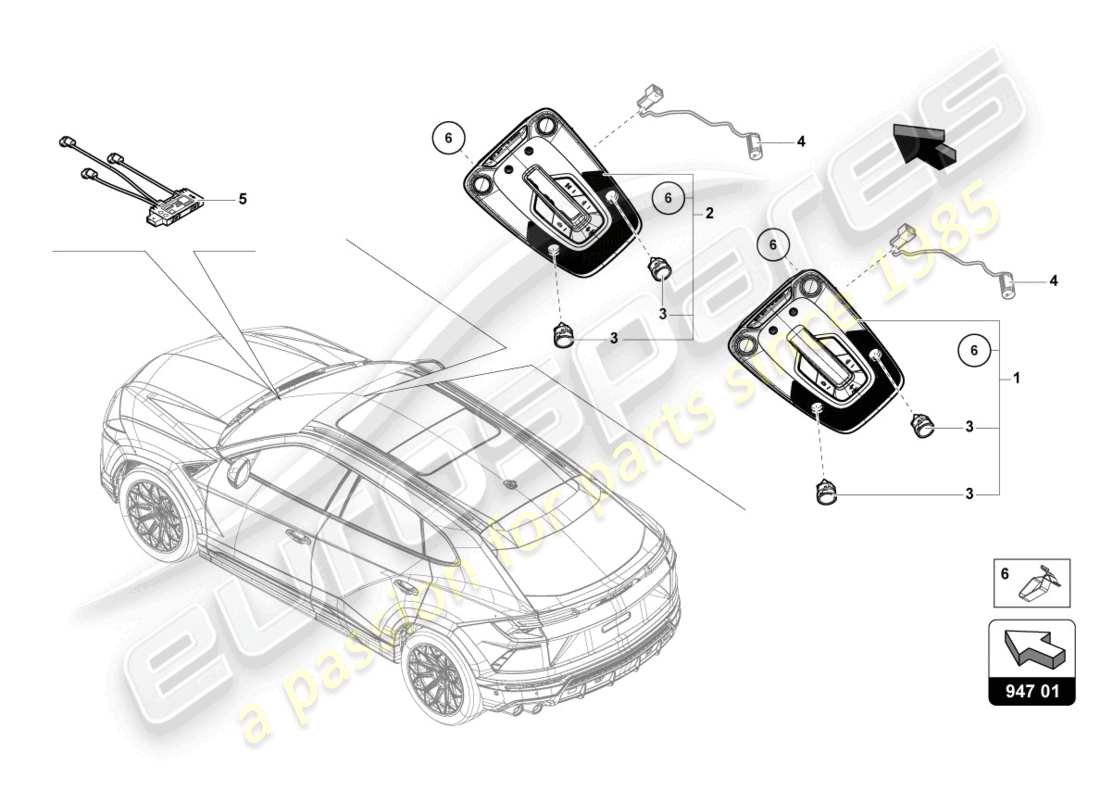 lamborghini urus (2019) interior and reading light parts diagram