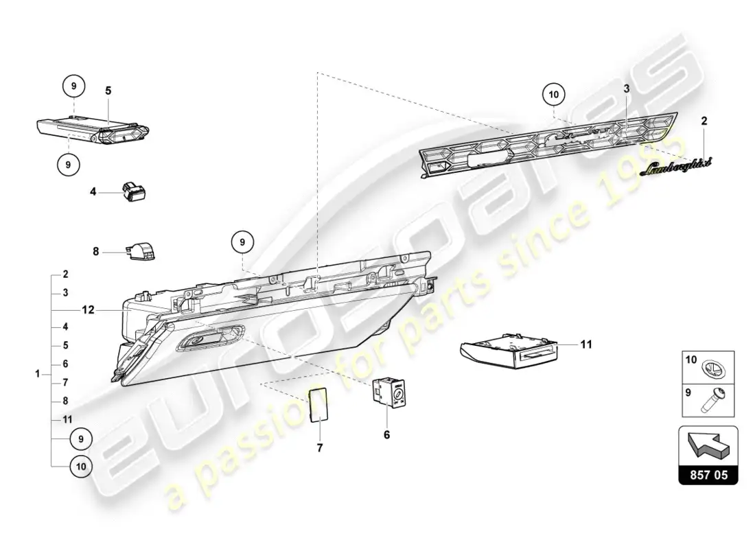 lamborghini lp580-2 coupe (2018) glove compartment parts diagram