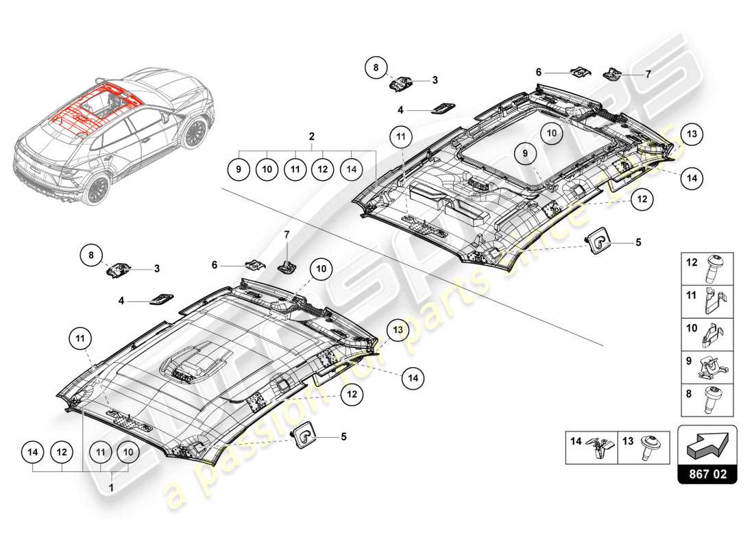 lamborghini urus performante (2023) roof trim part diagram