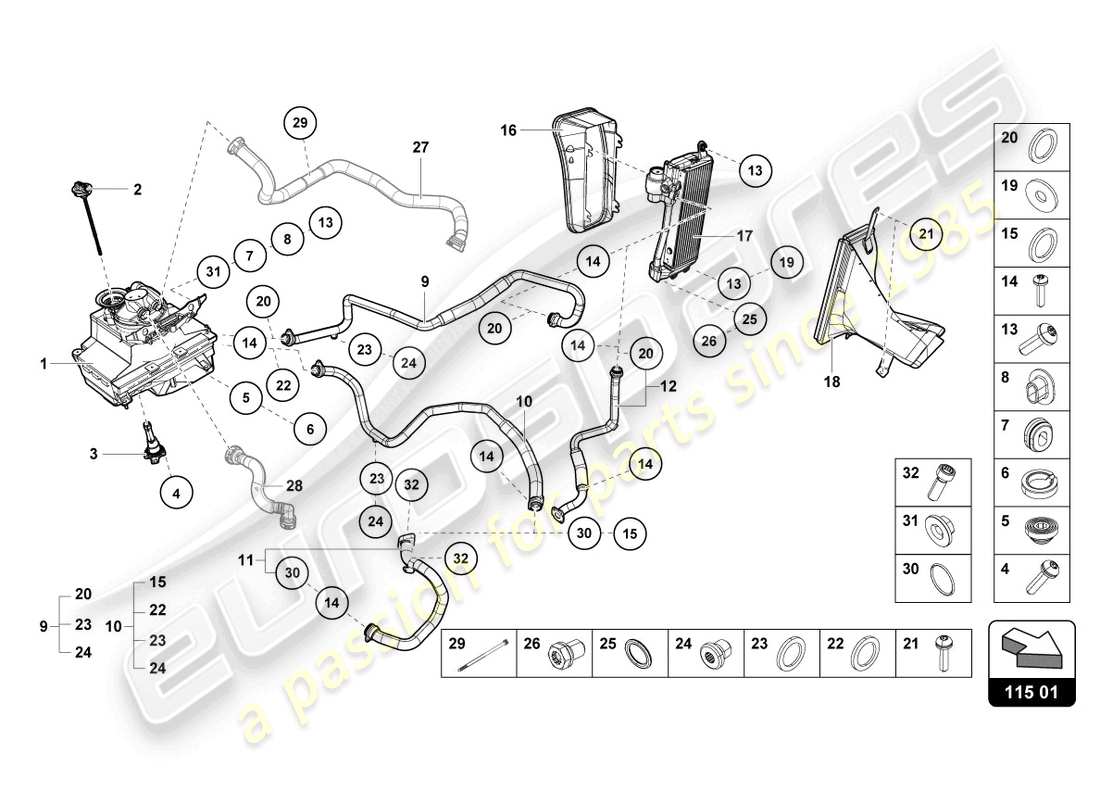 lamborghini evo coupe (2023) hydraulic system and fluid container with connect. pieces part diagram