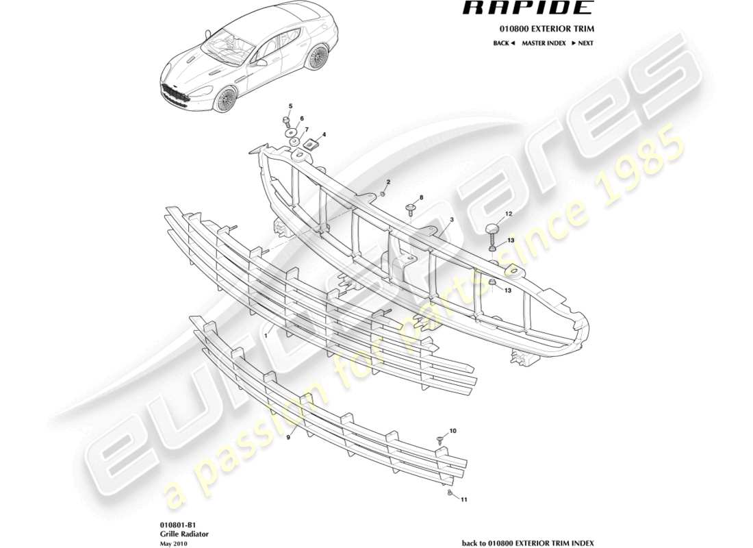 aston martin rapide (2014) radiator grille part diagram