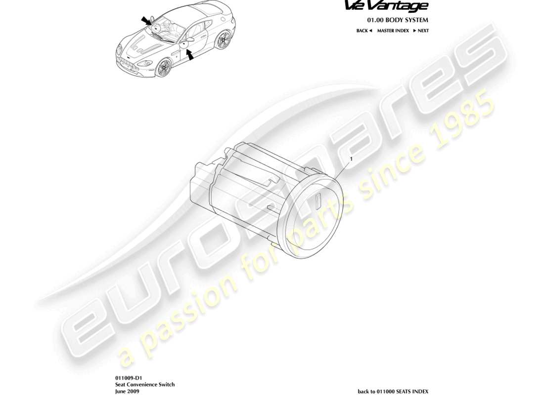 aston martin v12 vantage (2012) seat convenience switch part diagram