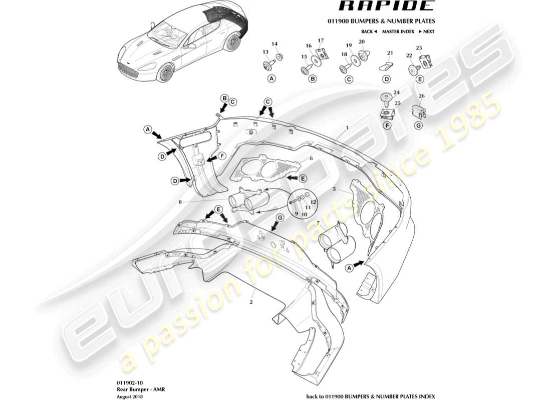 aston martin rapide (2016) rear bumper, amr part diagram